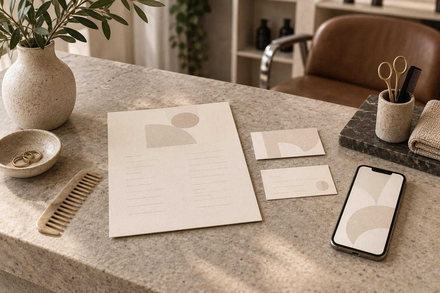 Matching stationery and a phone on a salon reception desk