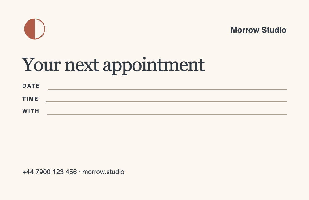 Morrow Studio appointment card with blank date, time, and stylist lines