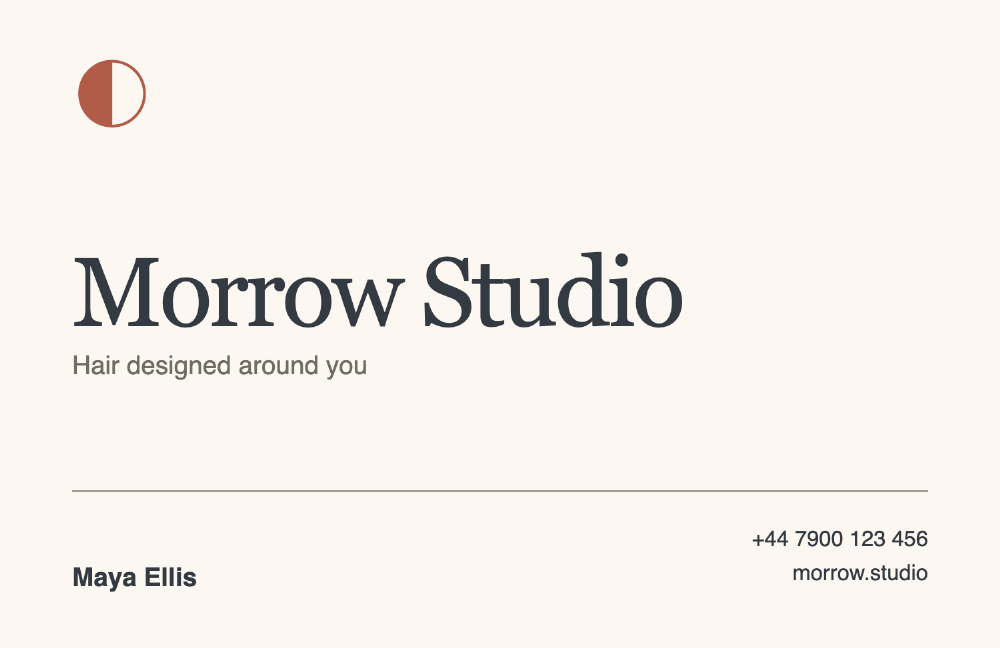 Morrow Studio business card with name, phone, and website