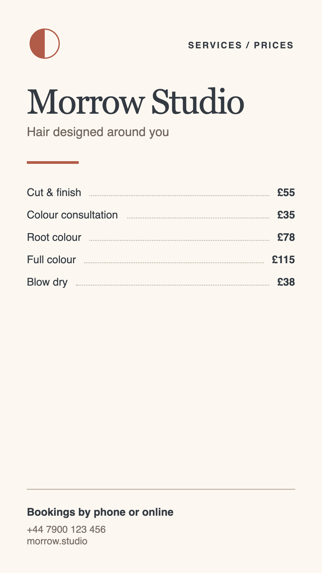 Morrow Studio portrait mobile price sheet