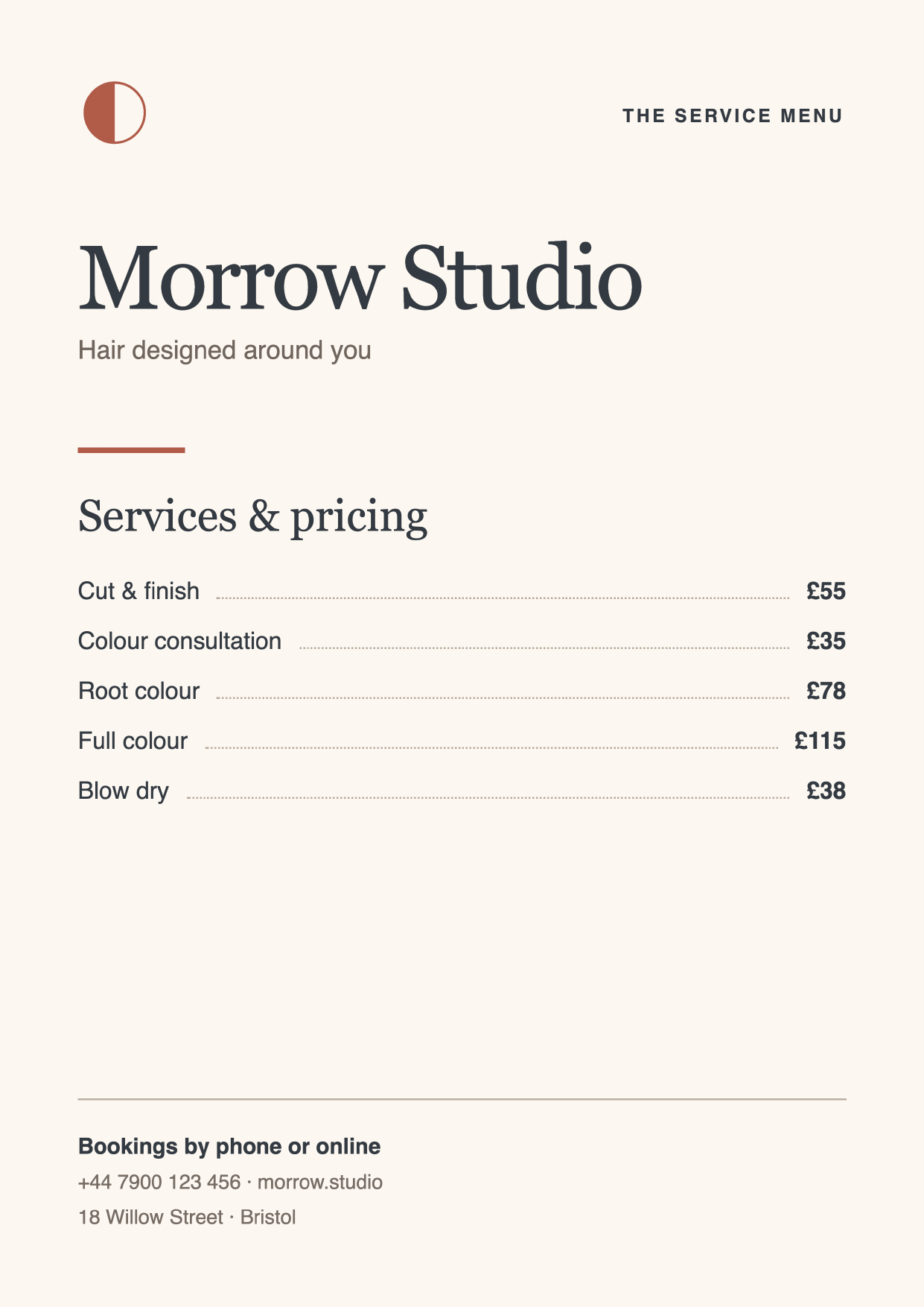 Morrow Studio price list with five services and contact details
